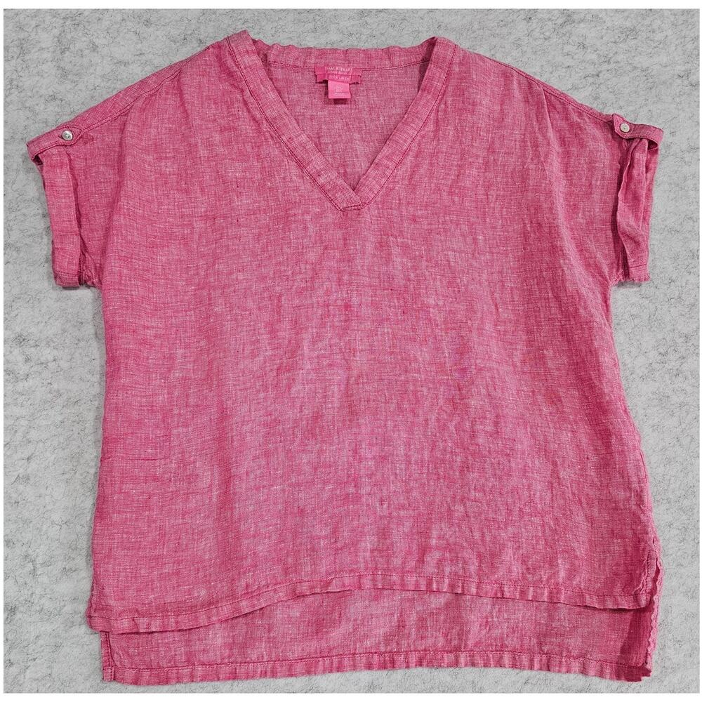 Isaacc Mizrahi 100% Linen Top, V Neck, Cuffed Sleeves, Hi-Low, Womens Sz S, New
